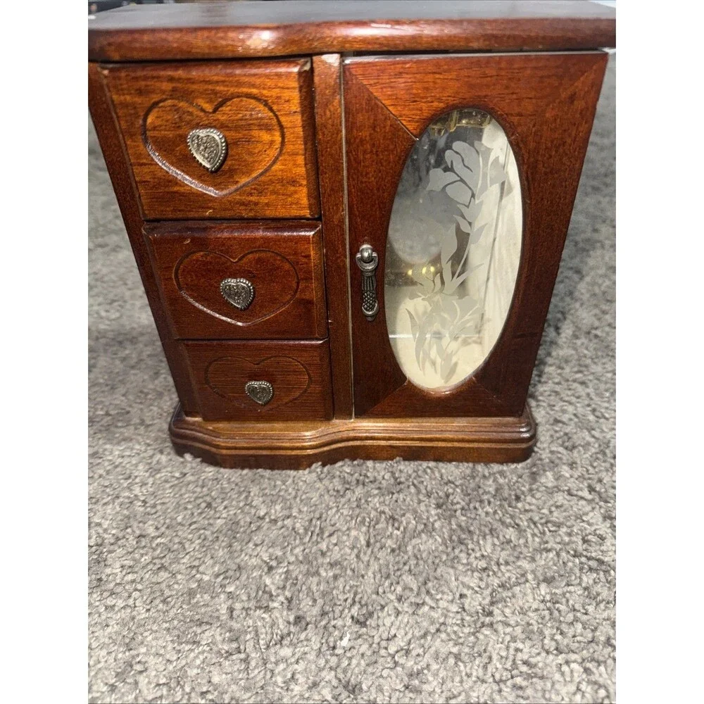Small Vintage Wooden Jewelry Box Armoire Etched Glass Hearts Drawers Cabinet